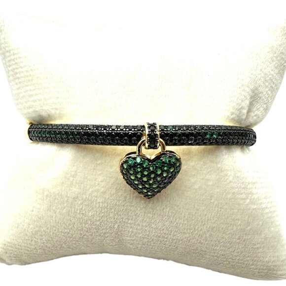 Womens Green Zircon Heart Bracelet Gold Plated Charm Hinged Bangle 7 Inch - Picture 5 of 7